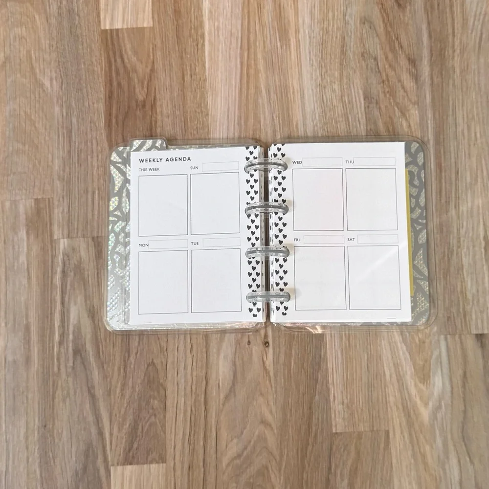 Micro planner holographic roses pink and silver weekly layout.